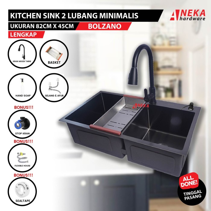 Saringan Sink 2 Lubang Bolzano 8245 Black / Kitchen Sink Hitam Elegant