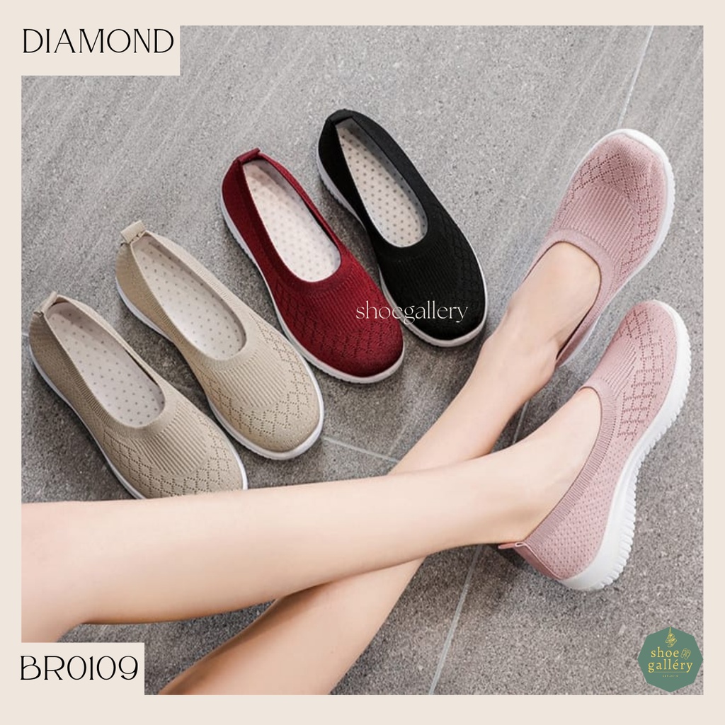 SHOEGALLERY LV0109 Sepatu Slop Tanpa Tali Motif Diamond Import