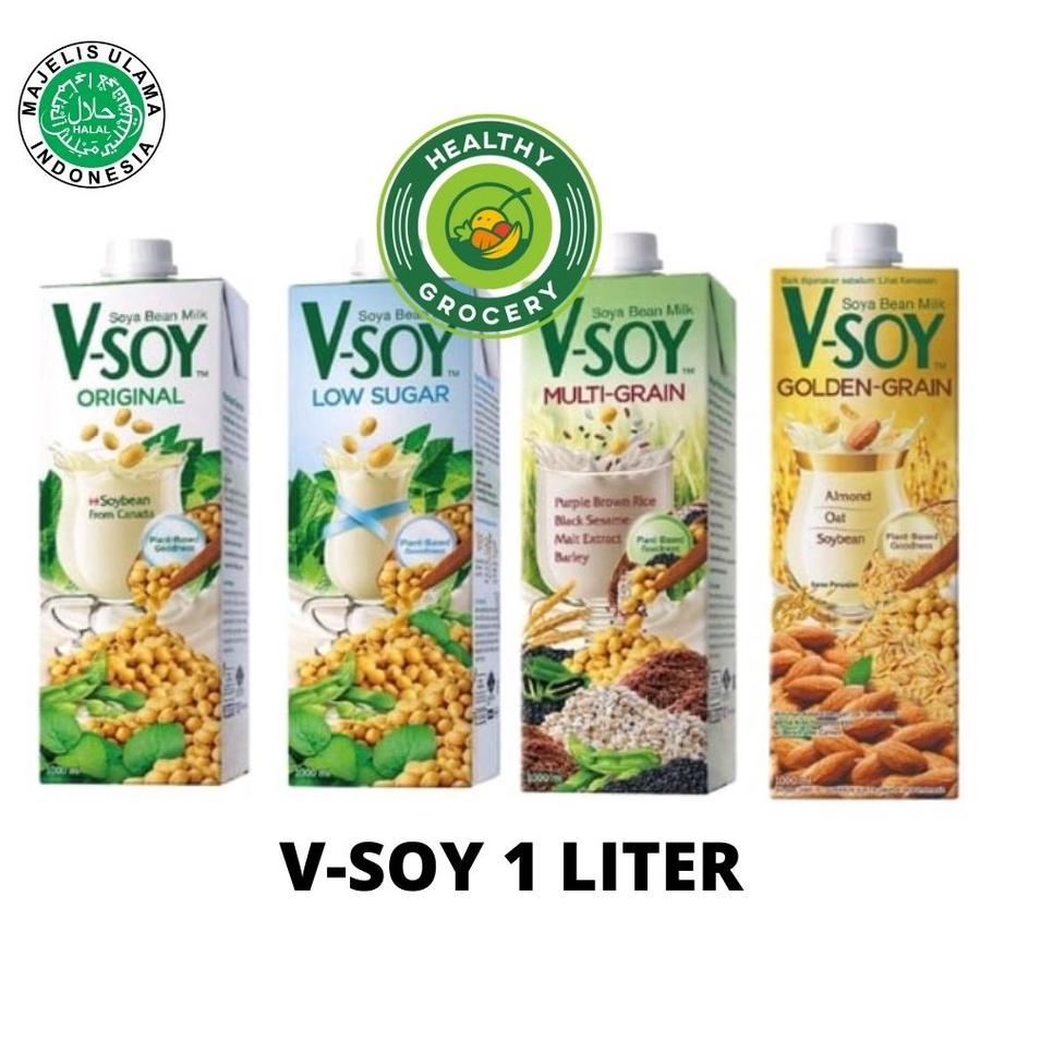 

Model Baru--V-Soy Soy Milk UHT 1Liter Vsoy Multi Grain / Low Sugar / Original / Golden Grain