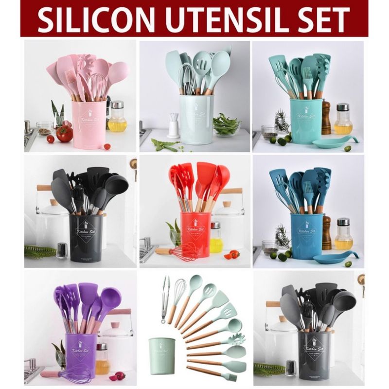 (PROMO) Spatula Silikon 12pcs / Spatula Silikon Set Lengkap / Utensil Tahan Panas / Penggorengan Silikon Anti Lengket