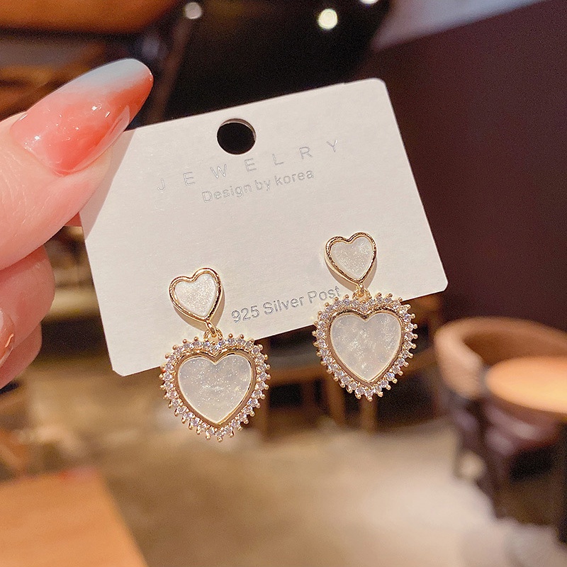 Anting Tusuk Sterling Silver 925 Desain Hati Hias Zircon + Mutiara Untuk Wanita
