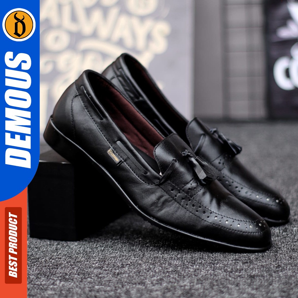 DEMOUS Veil - Sepatu Formal Pantofel Hitam Kulit Asli Kerja Pria