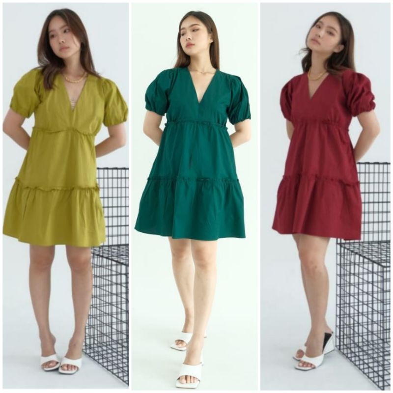 ⚡️ CLEARANCE SALE ♡ PREMIUM ♡ ORIGINAL ! ALLEA PLAIN V-NECK RUFFLE LAYER MINI FLARE  DRESS