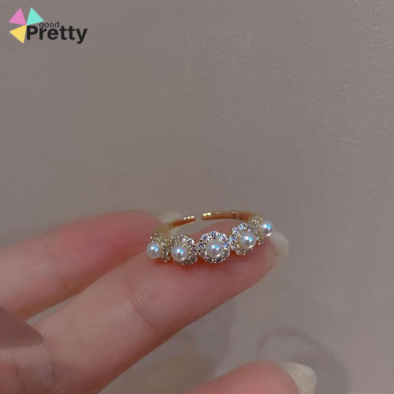 Double-layer Retro Pearl Diamond Ring Niche Light Desain Mewah Cincin Dapat Disesuaikan Terbuka - PD