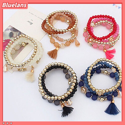 4pcs / Set Gelang Manik-Manik Resin Multilayer Aksen Rumbai Gaya Etnik Untuk Wanita