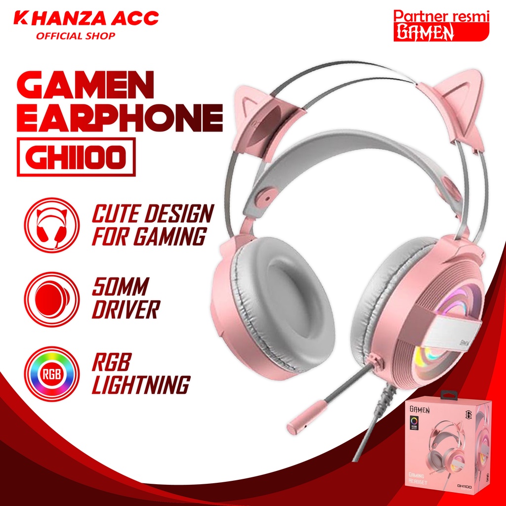 KHANZAACC GAMEN GH1100 Pink Headphone Gaming Cat Ear LED RGB Lighting