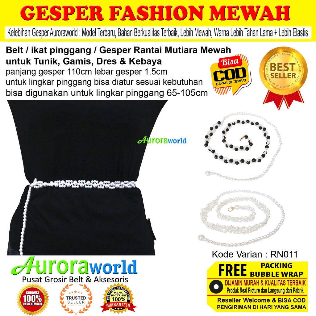 Auroraworld Belt wanita ikat pinggang mutiara Belt wanita gesper rantai mewah untuk dress gamis tunik ikat Pinggang Fashion Terbaru bisa COD RN-1B