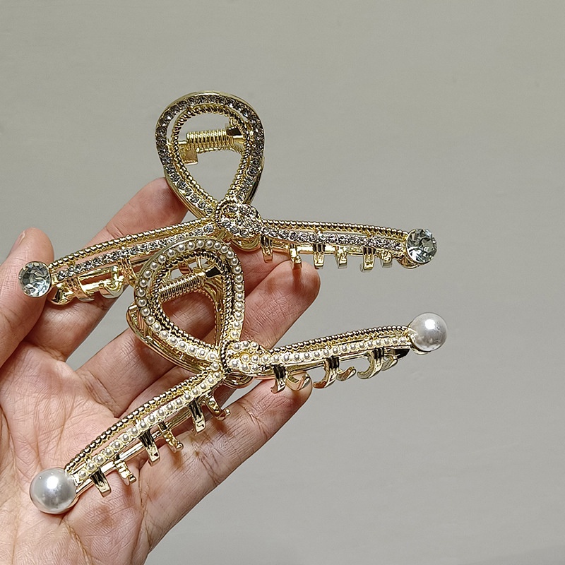 Jedai 10.5cm Mutiara Elegan Jepit Rambut Alloy JUMBO Korea Permata Jepit Salon Logam Warna Emas Metal Besi