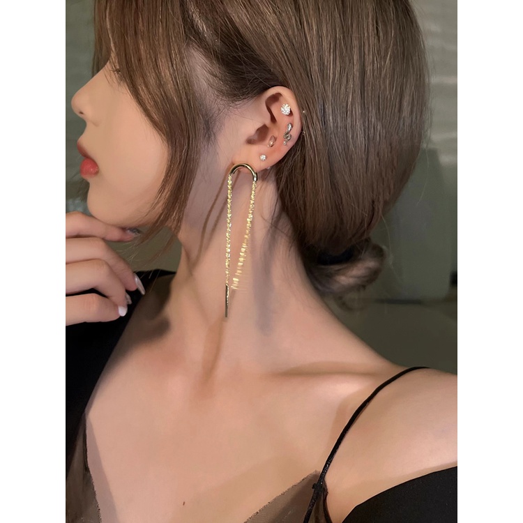 Anting Rumbai Panjang Bentuk U Bahan Silver Needle Gaya Korea Untuk Wanita