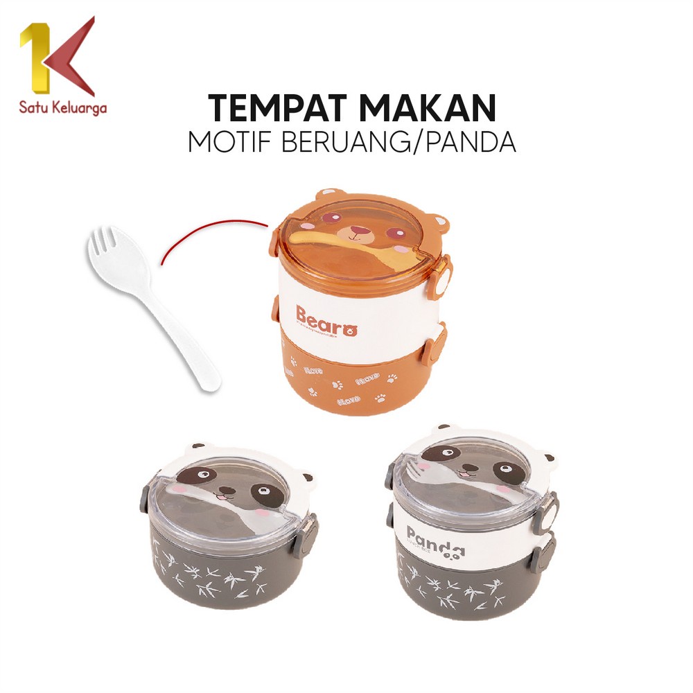 Satu Keluarga Tempat Makan Lunch Box Set Bulat 2 Tingkat C690 Kotak Bekal Anti Tumpah Motif Panda Be