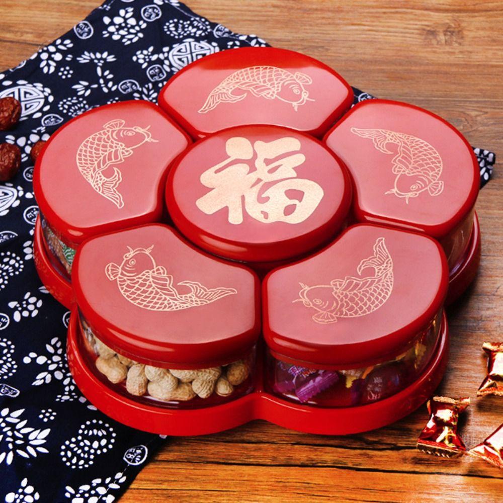 【 ELEGANT 】 Kotak Buah Kering Piknik Chinese New Year Organizer Plate Portable Dengan Tutup Rotating Food Saving Bins