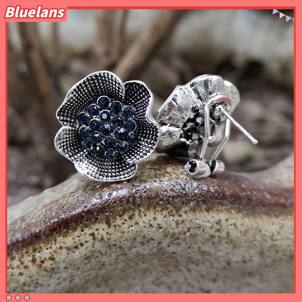 Bluelans Vintage Women Rhinestone Inlaid Rose Flower Shape Stud Earrings Jewelry Gift