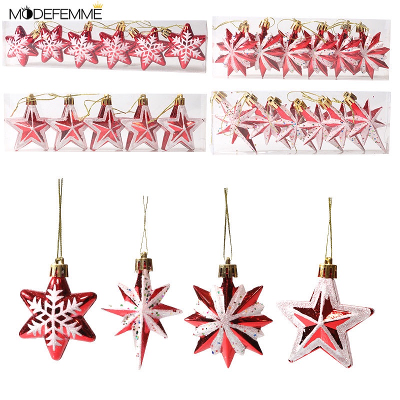 Snowflake Pattern Pendant Plastic Christmas Pendant New Year's Window Decorations Accessories Christmas Tree Decorations 5/6Pcs Shaped Pentagram Ornaments