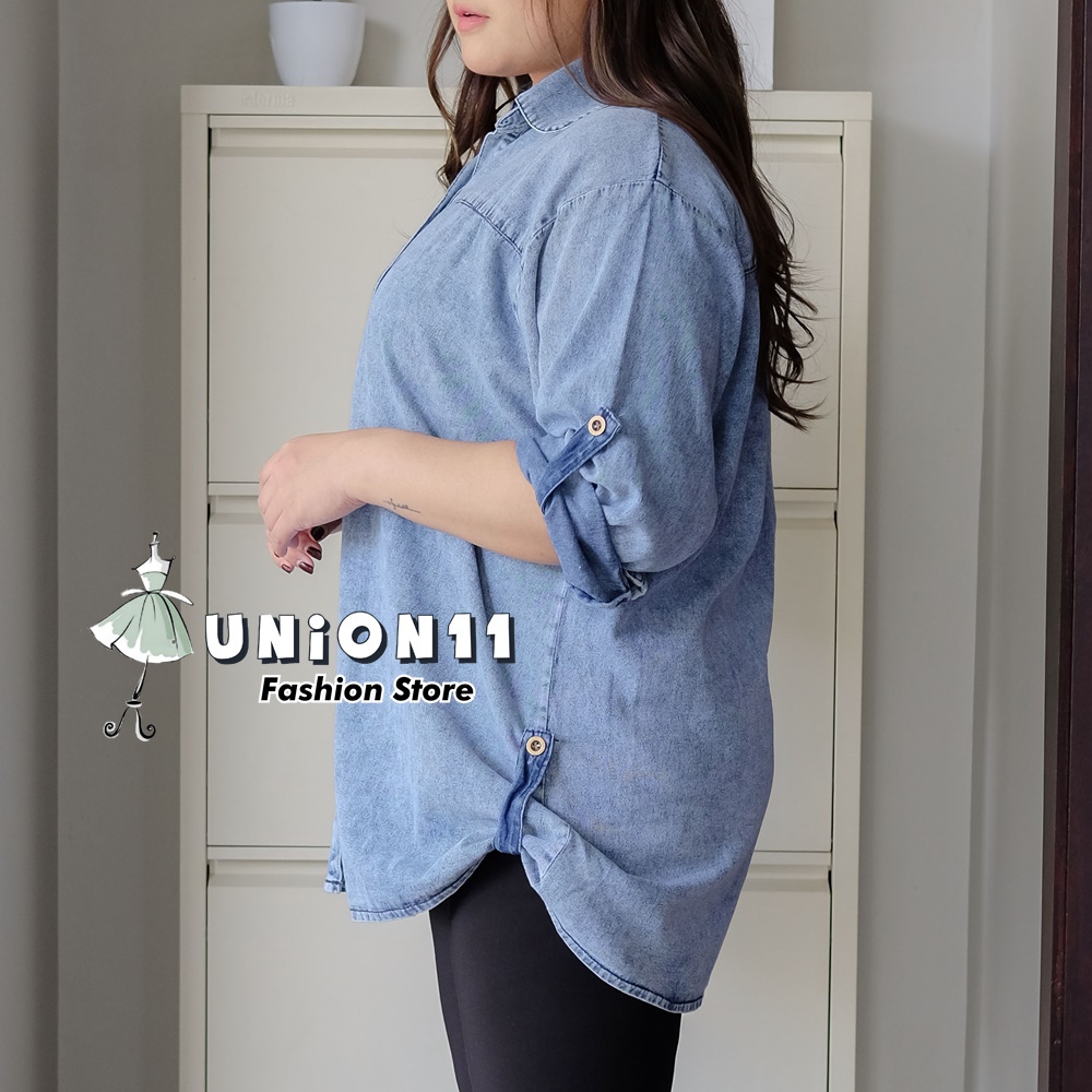 UNION11 - KEMEJA JUMBO WANITA JEANS / KEMEJA JUMBO WANITA BB 100 KG / BLUS WANITA JUMBO / KEMEJA WANITA JUMBO LD 130  / ATASAN WANITA BIG SIZE 4XL / KEMEJA JUMBO WANITA CASUAL / KEMEJA JEANS JUMBO WANITA NATHAN