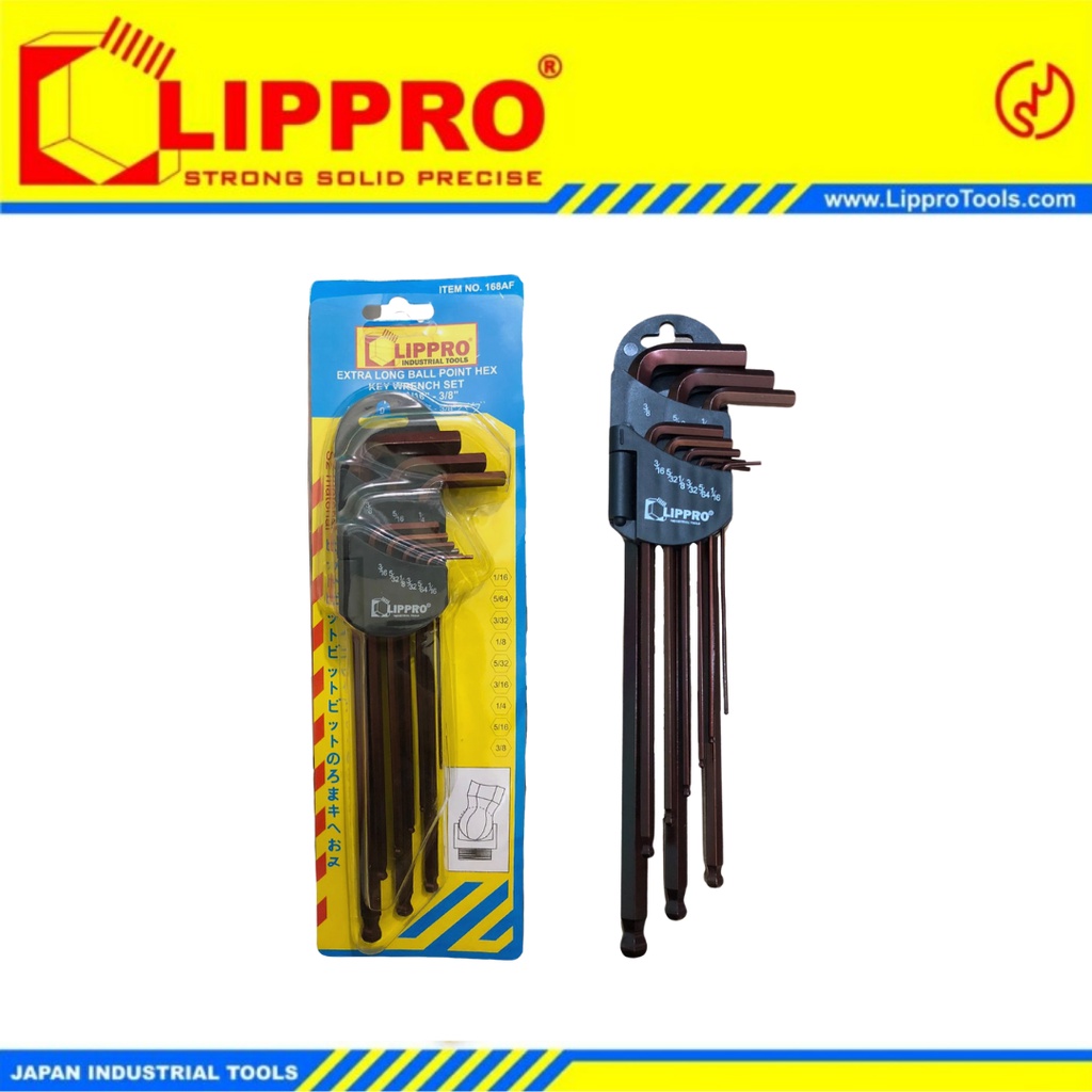 LIPPRO 168AF Set Kunci L 9pcs Extra Long Hex Key with Ball Point 1/16&quot;-3/8&quot;