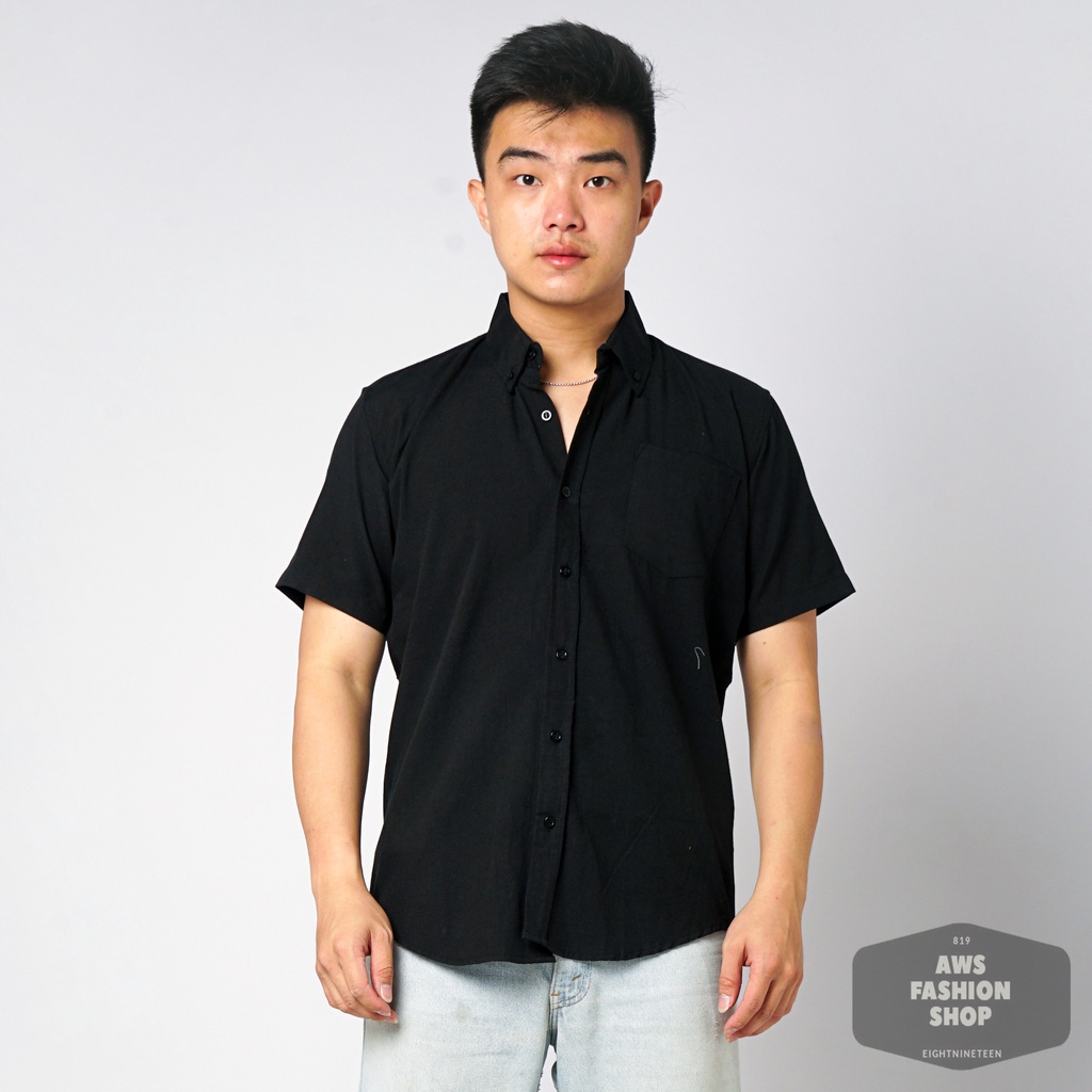 819 Kemeja Pria Lengan Pendek Polos HITAM BLACK Oxford Basic SIMPLE Slimfit Casual Tersedia Ready Sampai Size JUMBO BIG SIZE XXL XXXL