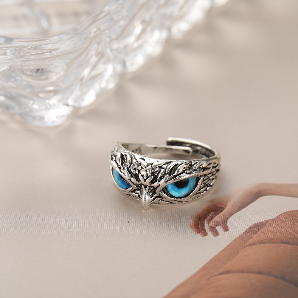 Cincin Model Terbuka Adjustable Desain Burung Hantu Mata Biru Gaya Vintage Untuk Pria Dan Wanita