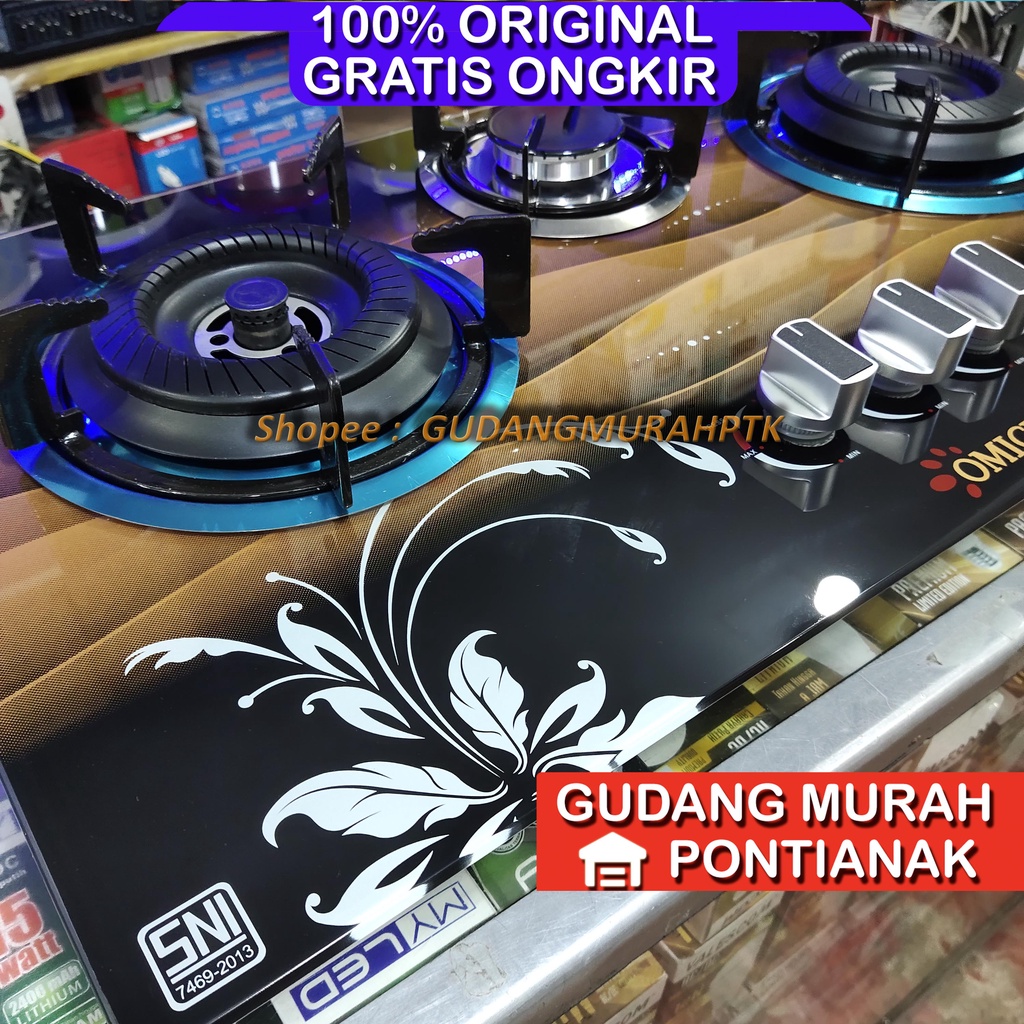 Kompor Gas Tanam OMICKO 3 tungku KT-013 KACA tempered glass  Mudah di bersih kan Bisa Di duduk kan di rak kompor atau di benam kan