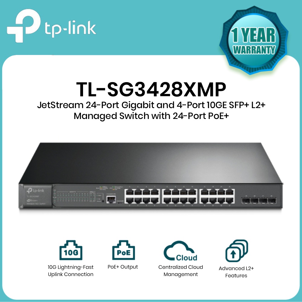 TP-LINK TL-SG3428XMP JetStream 24-Port Gigabit and 4-Port 10GE SFP+ L2+ Managed Switch with 24-Port PoE+