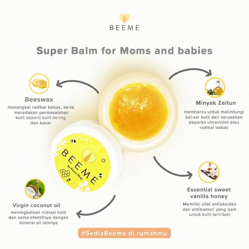 Beeme Nourishing Balm 15gr - Skincare Aman untuk Ibu dan Bayi / Pelembab Kulit Wajah Bibir / Mengobati Ruam Popok Bayi / Flek Hitam / Jerawat / Bekas Jerawat / Stretchmark / Ketombe / Lecet Puting