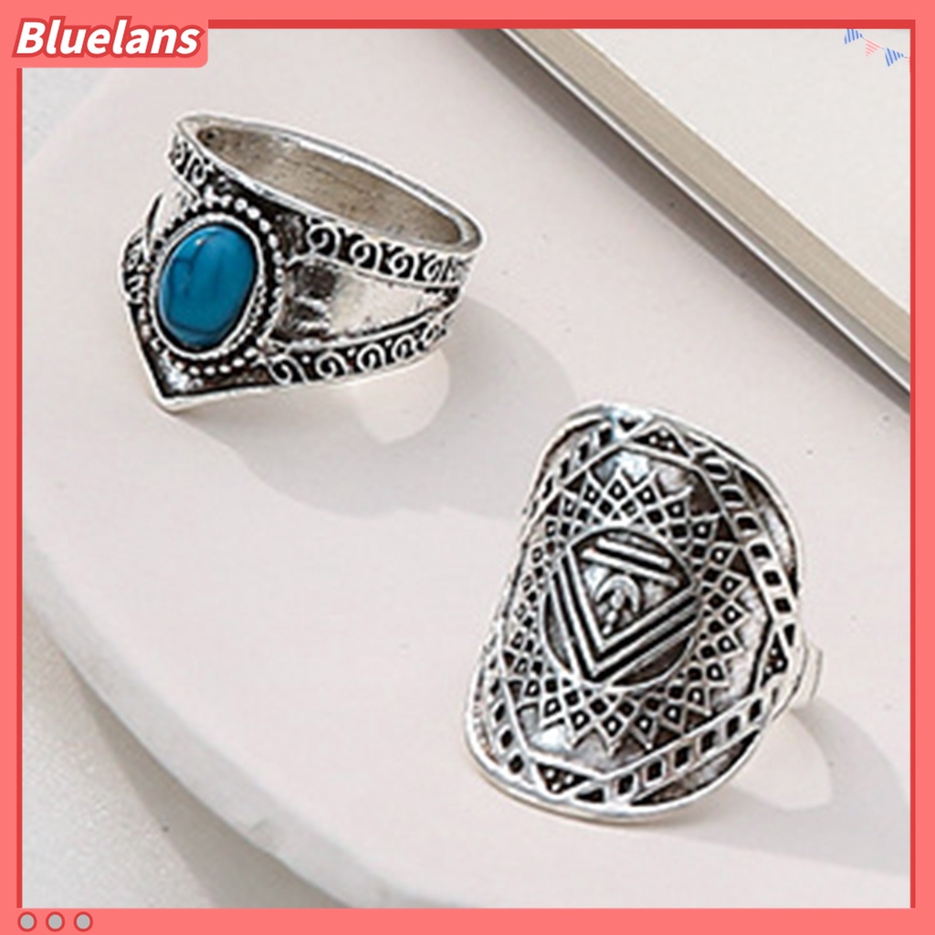 Bluelans 8Pcs Cincin Knuckle Desain Daun Hias Turquoise Imitasi Gaya Bohemian Untuk Pria / Wanita