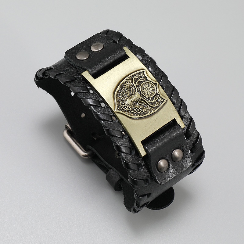 [Z H Perhiasan] Hip Hop Retro Viking Fashion Pria Anyaman Kulit Perisai Gelang Pesta Perhiasan Aksesoris