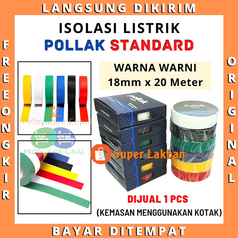 Lakban Kabel Listrik Isolator Warna Warni Isolasi Berwarna Merah Kuning Hijau Biru &amp; Hitam Solatip Murah Pollak Electrical Tape Berkualitas Tahan Air Daya Rekat Kuat 18mm x 20M - Superlakban