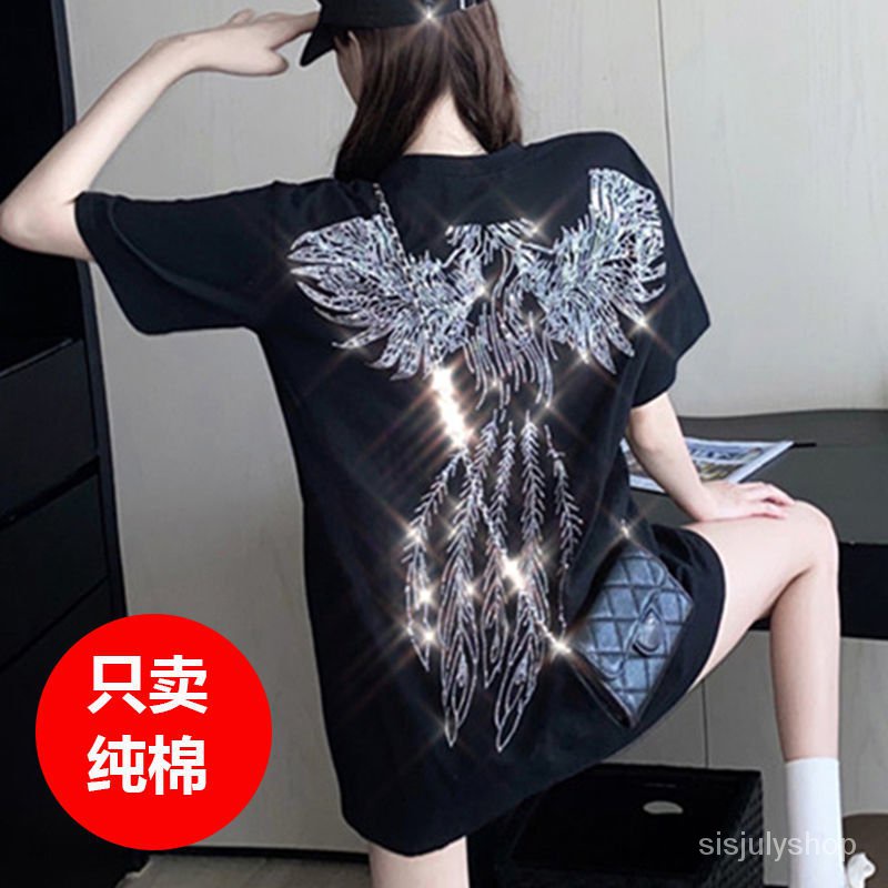 #Sisjuly# Kaos katun wanita kelas berat wanita bisa memakai atasan longgar berlengan pendek mid-leng