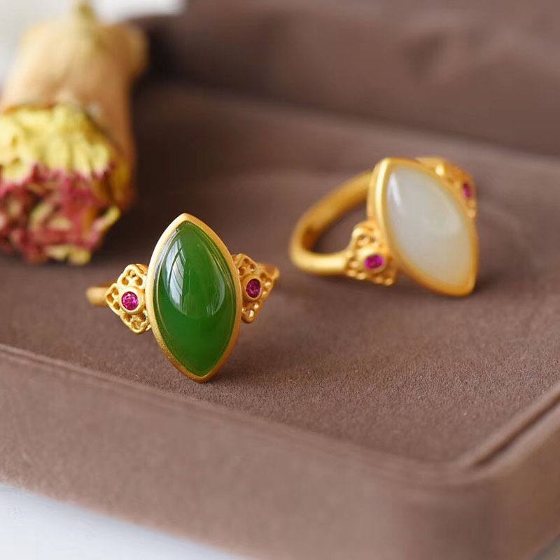 Goldkingdom Perhiasan Fashion 24K Bangkok Aksesoris Ready Stock Hetian Jade Cincin Giok Putih Jasper Cincin Berlapis S925 Perak Bertatahkan Emas Asli Kadar 375 Dengan Adjustable Frosted