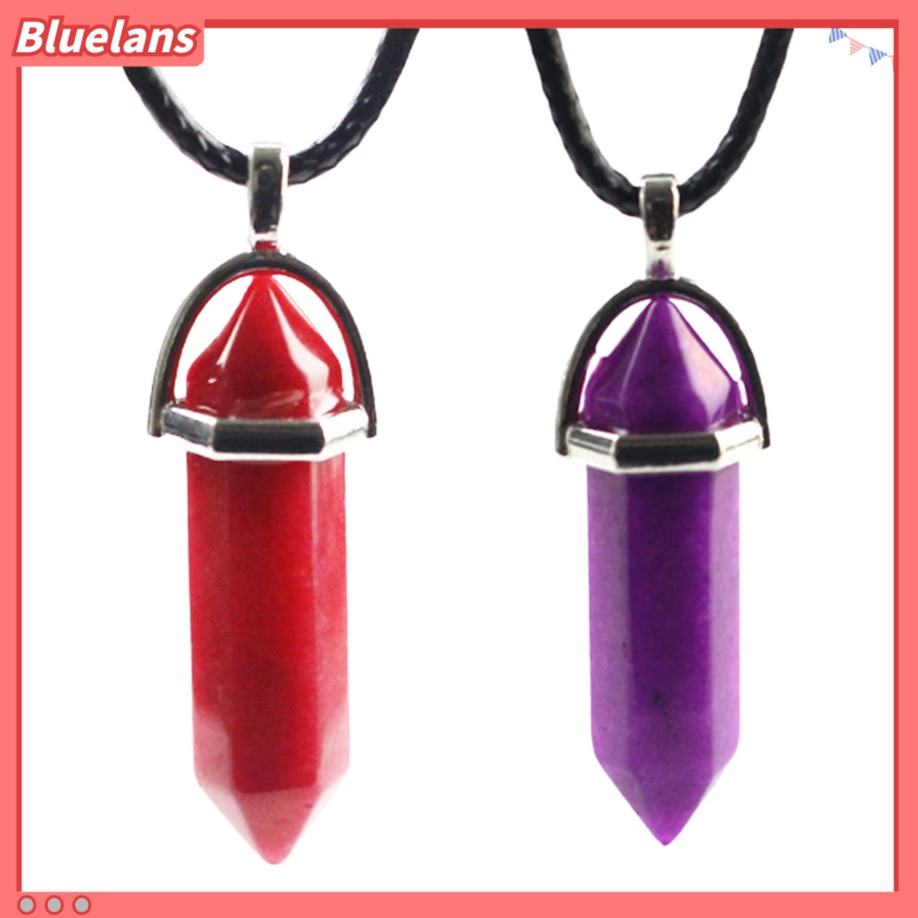 Bluelans Kalung Tali Hitam Adjustable Dengan Liontin Batu Heksagonal Alami Untuk Wanita