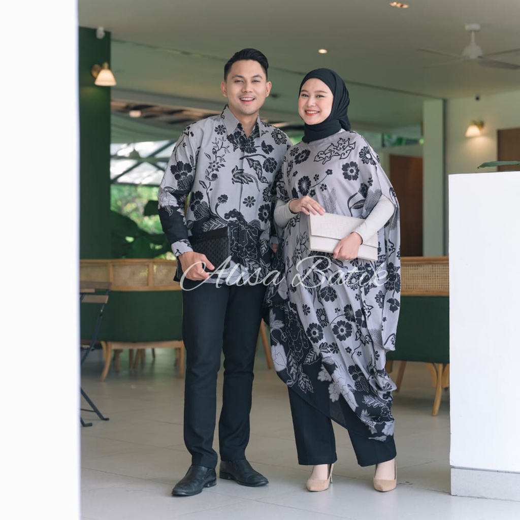 COUPLE BUNGA ABU BATIKSOLOAMANAH KEMEJA BATIK PRIA SOLO LENGAN PANJANG PENDEK LAPIS FURING ATASAN