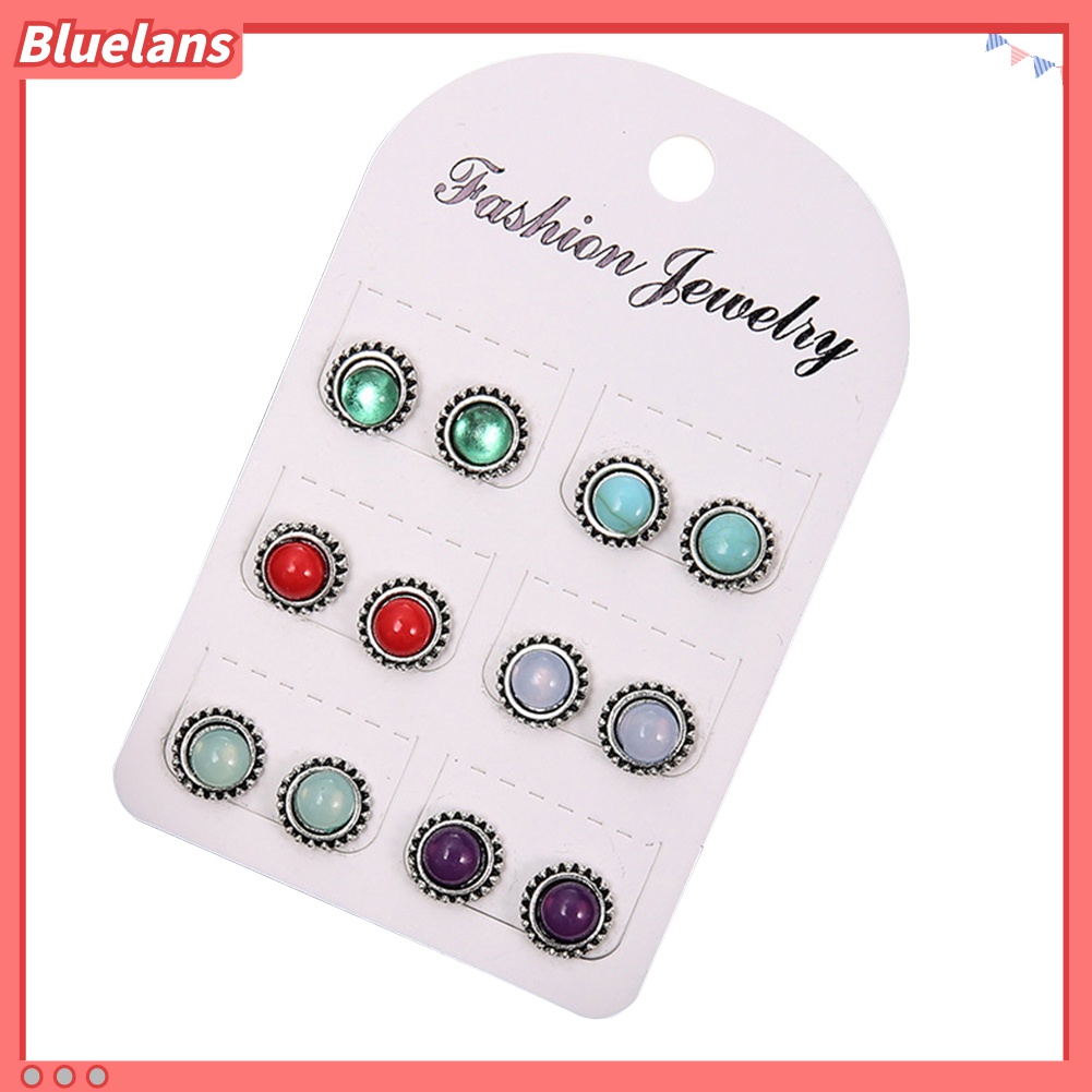 6 Pasang Anting Stud Bentuk Bulat Aksen Batu Permata Imitasi Gaya Vintage Untuk Wanita