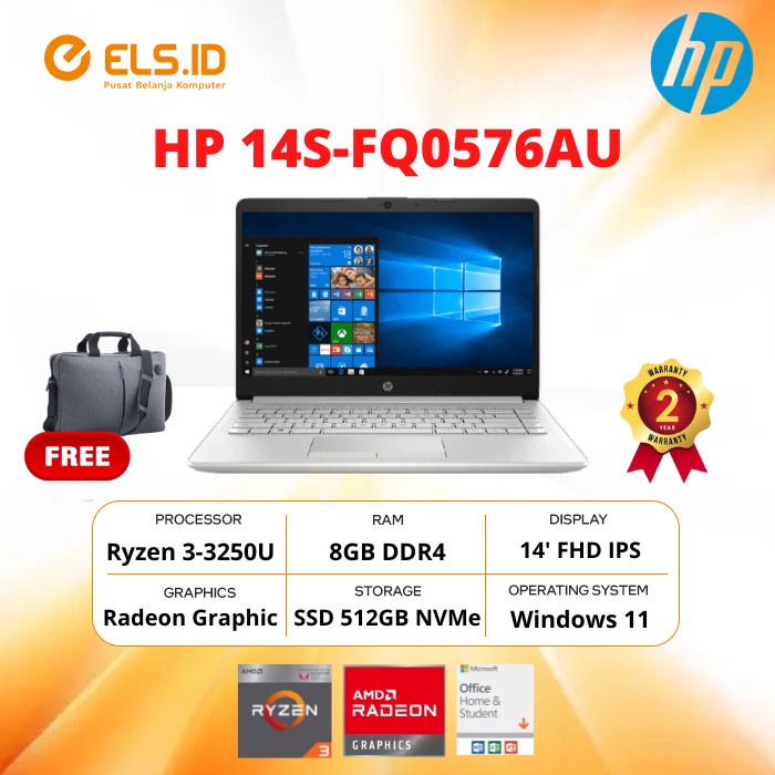 Laptop HP 14S-FQ0576AU Ryzen 3-3250U 8GB SSD 512GB 14' FHD IPS W11+OHS