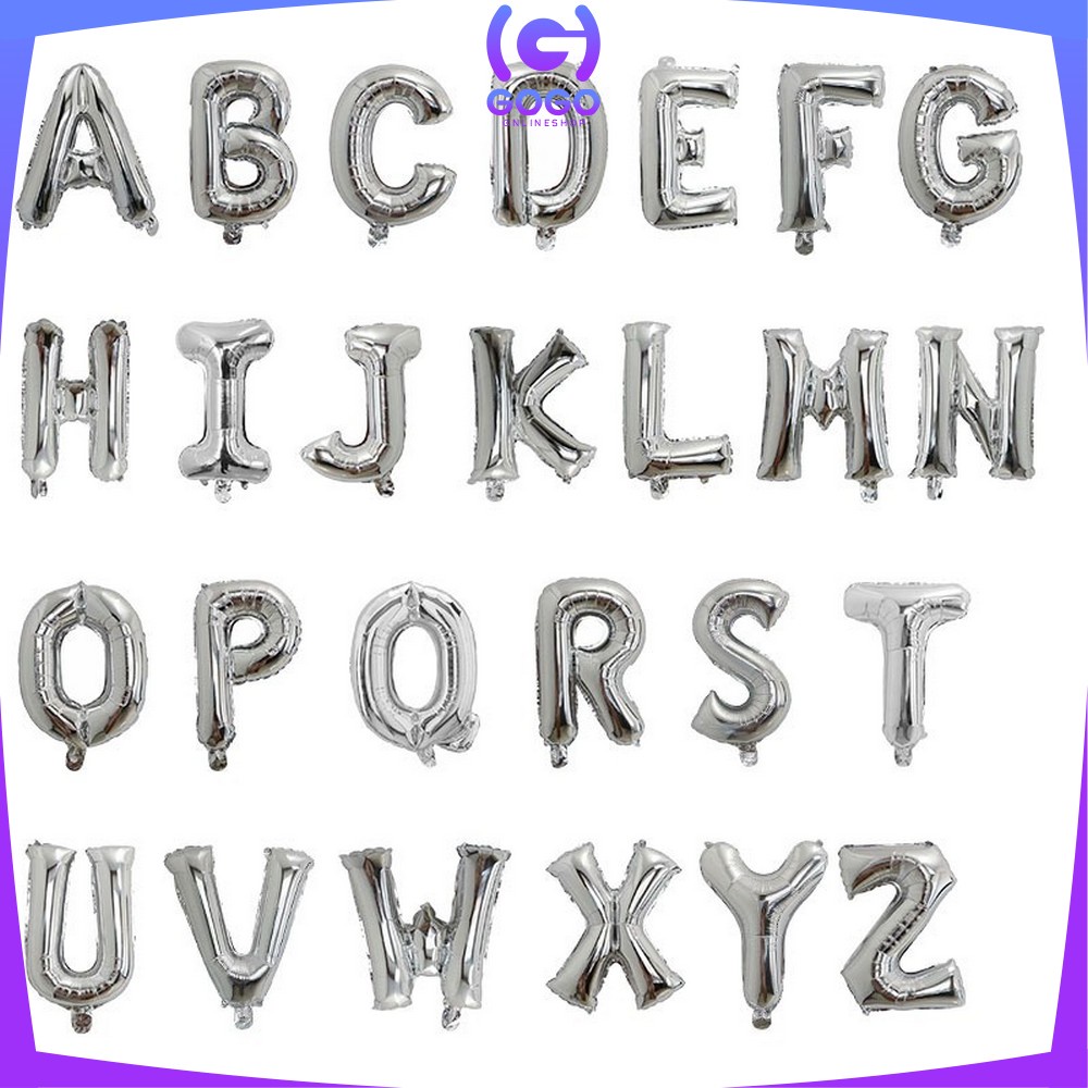 GOGO-C390 Ballon Foil Abjad Alphabet Polos Silver A-Z Balon Foil Angka 0-9 / Balon Foil Huruf Abjad Alphabet Angka Polos / Baloon Huruf Dan Angka Perlengkapan Ulang Tahun