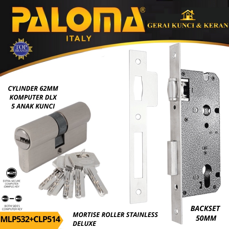 PALOMA MORTISE LOCK SET CYLINDER MLP 532 CLP 514 BODY KUNCI PELOR BACKSET 50MM CYLINDER 62MM SN KOMPUTER KEY