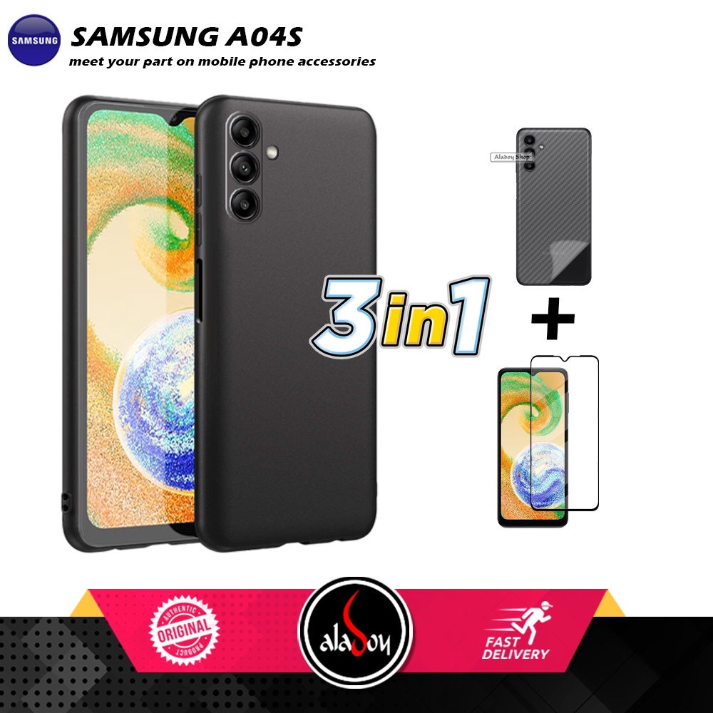 Case Samsung A04S Macaron Case + Tempered Glass Layar Clear + Skin Carbon 3D Film