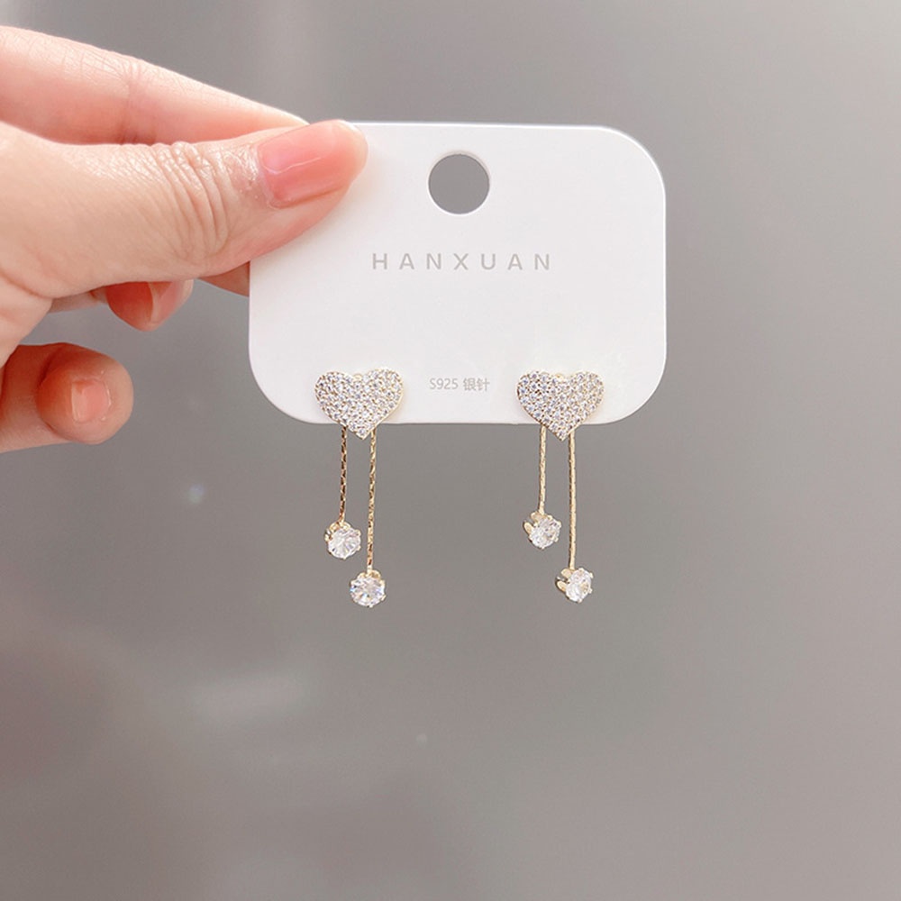 1 Pasang Anting Tusuk Gantung Asimetris Bahan Sterling Silver 925 Desain Hati + Rumbai Gaya Elegan / retro Untuk Wanita