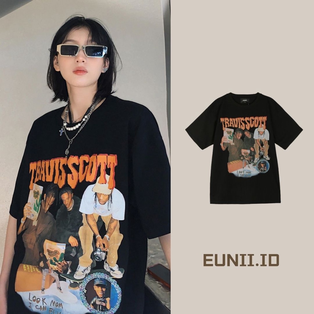 EUNII T-shirt Lengan Pendek Retro Angka Pencetakan Longgar Korean Style/Kaos Atasan Wanita/Baju Kaus Oversize Wanita