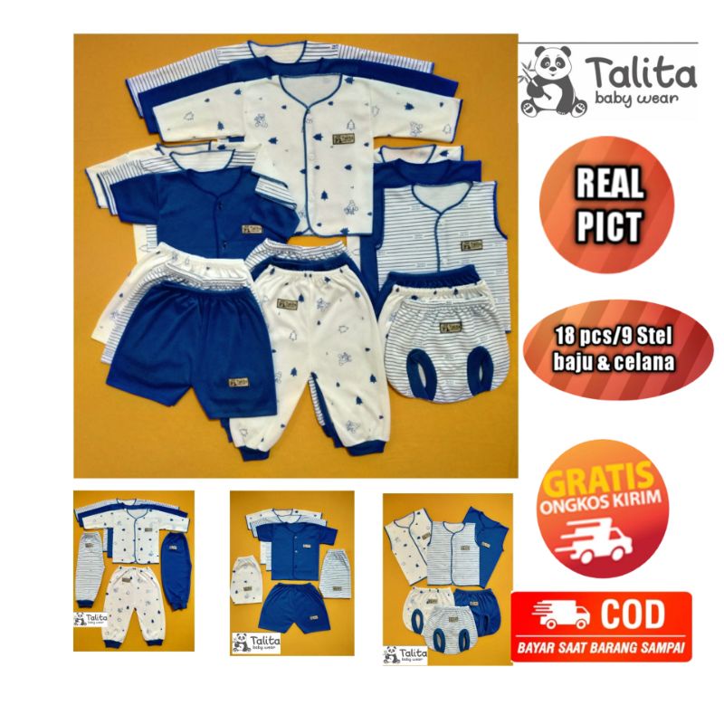 Talita (18 Pcs )Baju Celana Bayi Baru Lahir (9 Stel )Newborn Seri Biru