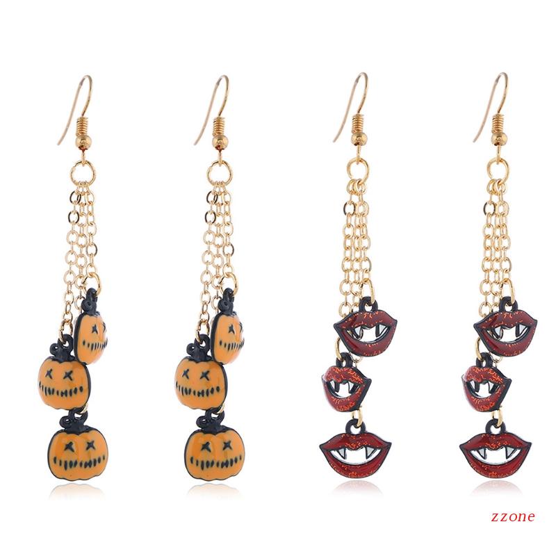 Anting Rantai Rumbai Panjang Desain Labu Bibir Vampire Tema Halloween Untuk Wanita