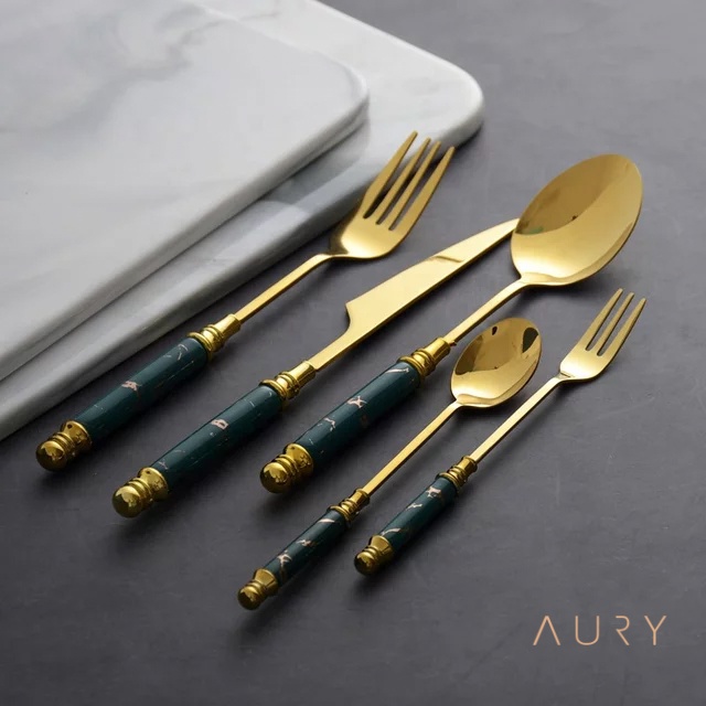 Cutleries Marble Set Peralatan Makan Set Motif Marble Gagang Keramik