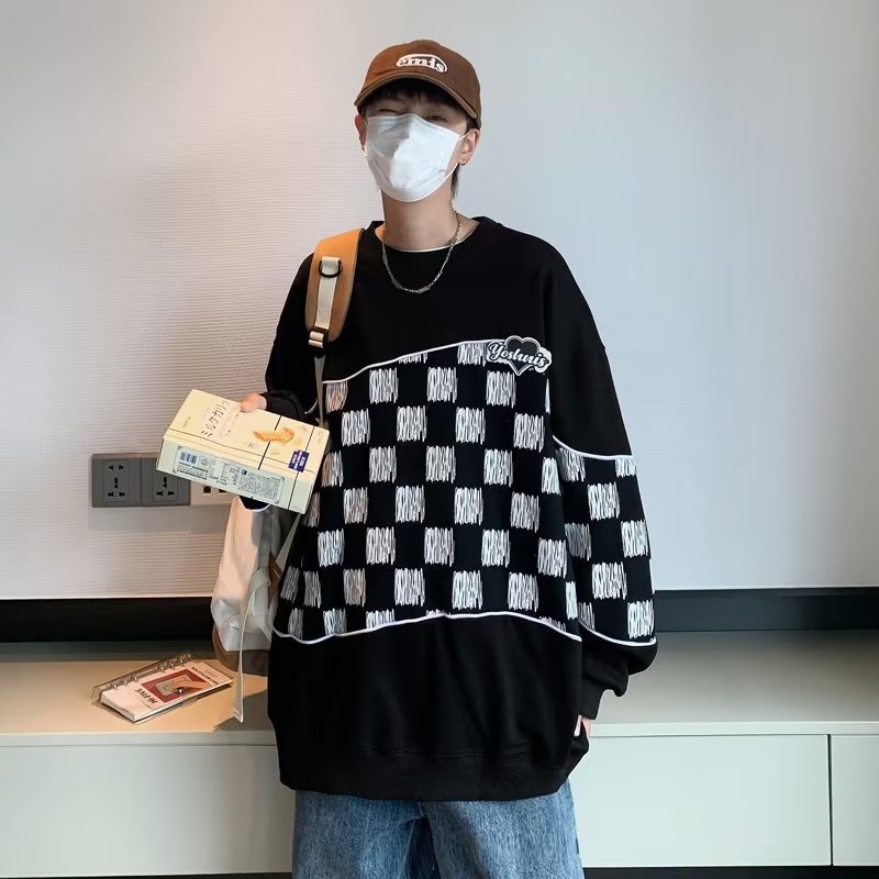 SWEATER PRIA BF LONGGAR ALL-MATCH LENGAN PANJANG PASANGAN PULLOVR TOP MUSIM GUGUR STREET TIDE MEREK JAHITAN KOTAK-KOTAK  SWEATER LEHER BULAT WANITA