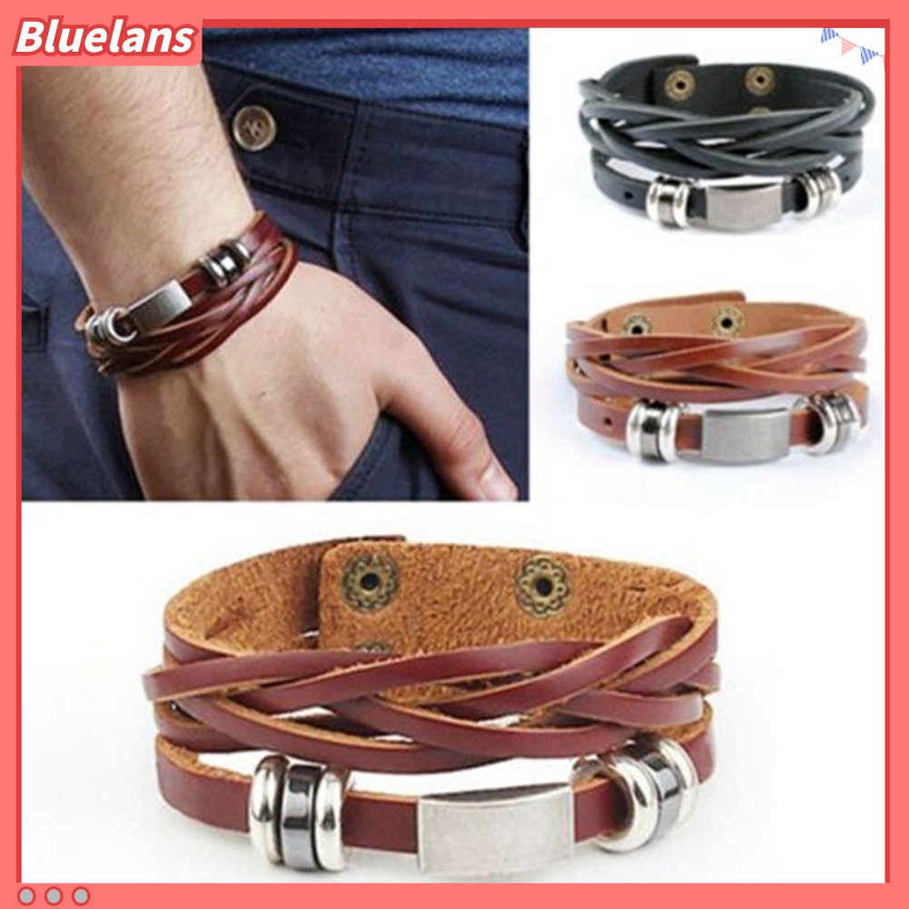 Bluelans Gelang Bangle Multilayer Bahan Kulit Imitasi Gaya Vintage Untuk Pria Dan Wanita