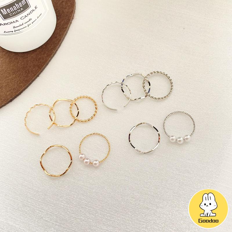 5 Pcs/set Cincin Korea Fashion Berlian Mutiara Aksesoris Untuk Wanita Rings-Doo