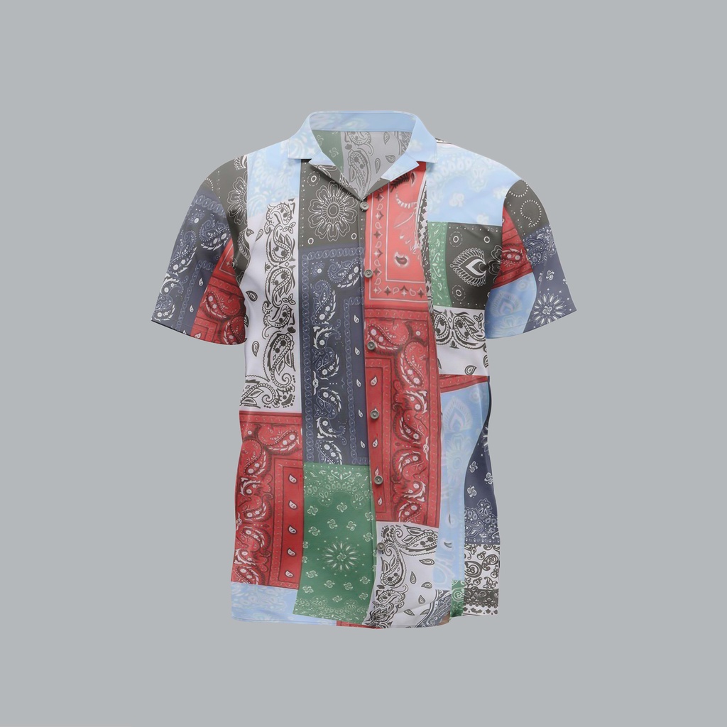 Kemeja Shirt Vintage Paisley Bandana Patchwork Full Printing Pria Wanita