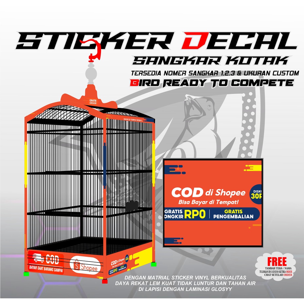 STICKER DECAL SANGKAR KOTAK EBOD KANDANG BURUNG NOMER 1,2,3 GAMBAR COD
