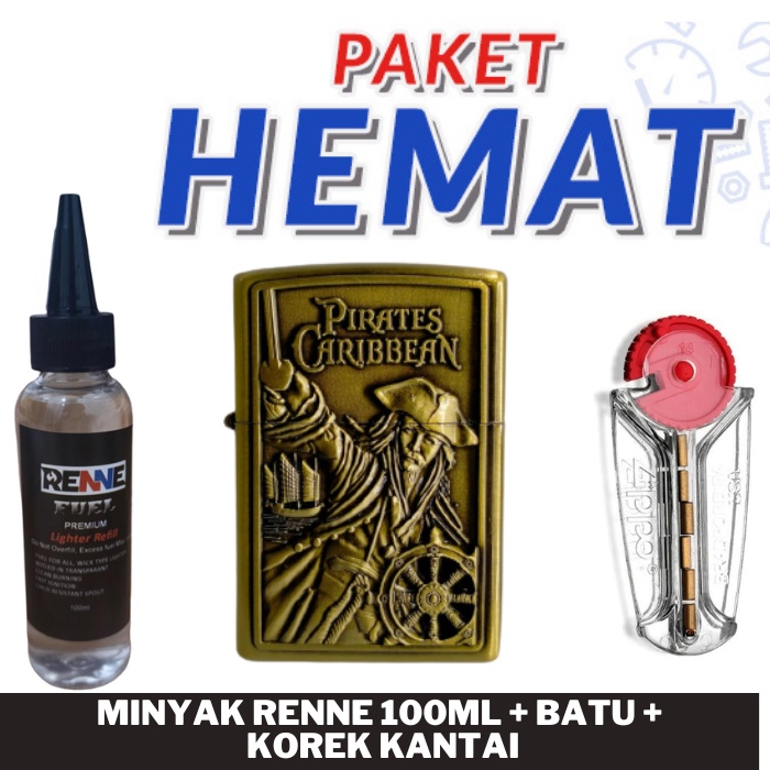 PAKET KOMPLIT SET KOREK API KANTAI GOLD MOTIF PIRATES CARIBBEAN + MINYAK ZIPPO 100ML + BATU ZIPPO