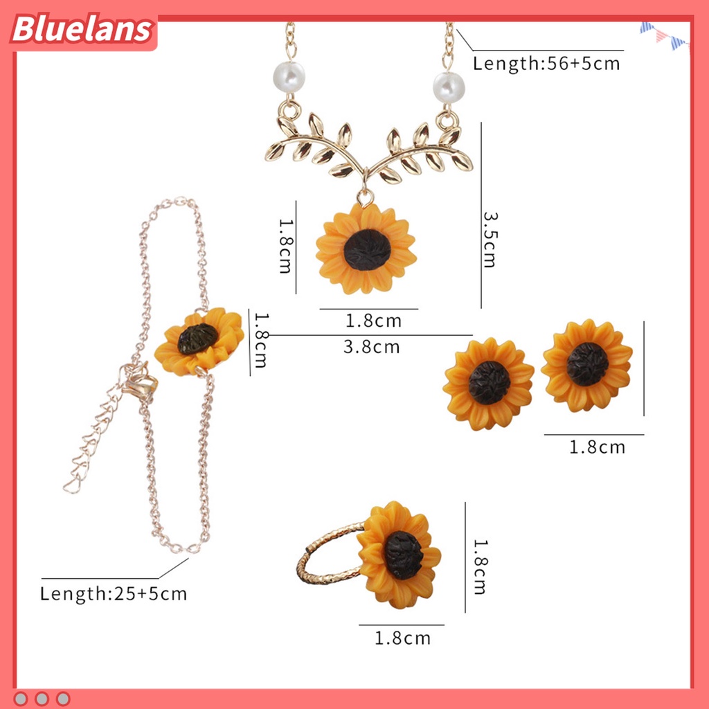 4pcs / Set Kalung Cincin Bentuk Bunga Matahari Daun Bahan Stainless Untuk Wanita