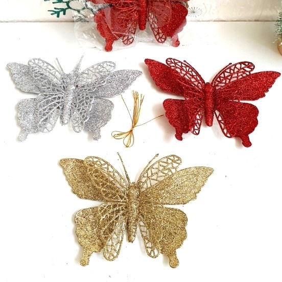 Hiasan Natal Kupu Kupu Dekor isi 3 Hiasan Parcel Pohon Natal Butterfly Merah Gold Harga Grosir Termurah