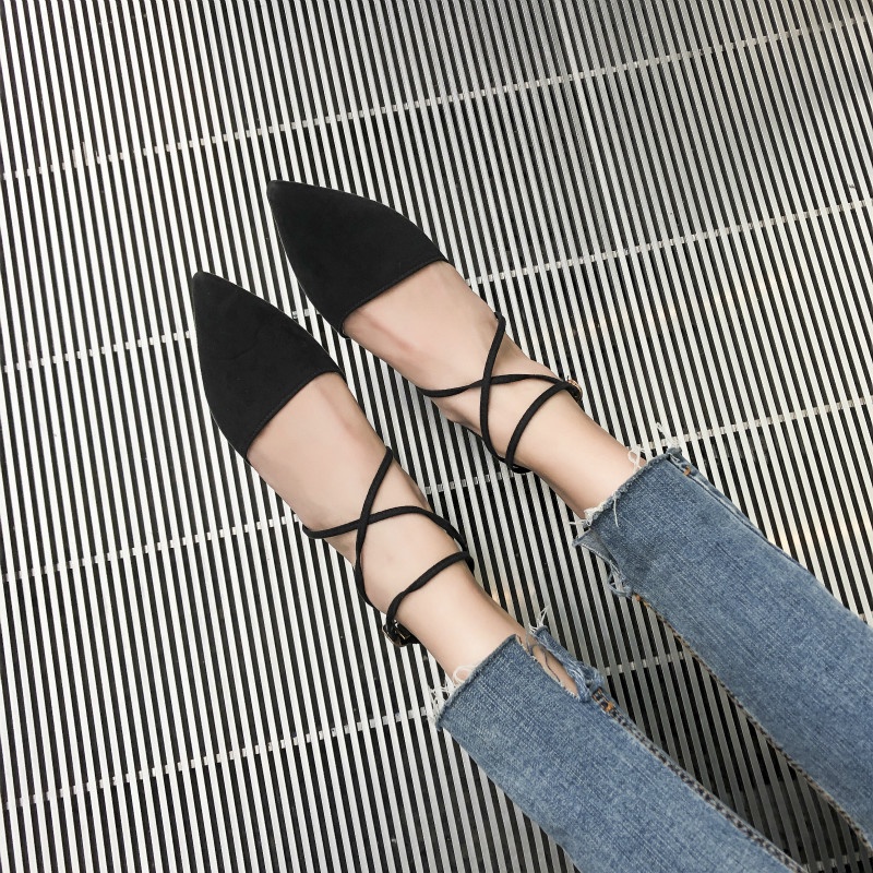Women's Shoes  Summer New Korean Bag Suede Pointed High Heels Cross Strap Chunky Heel Fairy Shoes Ti